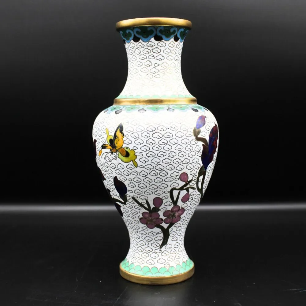 Vintage Brass Cloisonne Vase White Enamel Floral Butterfly w/ Blue Interior 7.5